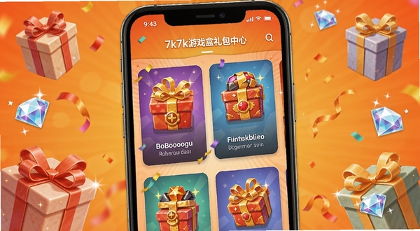 7k7k游戏盒礼包中心界面特写,画面主体为手机屏幕显示多个游戏礼包卡片,背景区域为暖橙色渐变,周围漂浮着礼品盒和钻石图标,风格喜庆热闹,适配Boogu模型生成