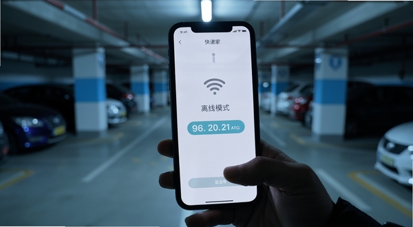 快递到家骑手版 离线模式提示界面 手机屏幕显示无网络图标与待上传数据条数 骑手在地下车库查看手机 冷色调 写实风格