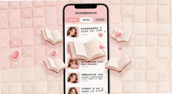 粉色两性情趣情感知识库界面,手机屏幕展示分类文章列表,标签栏清晰可见,背景为淡粉与米白拼接,画面中央漂浮几本翻开的电子书与心形图标,整体色调柔和温暖,突出知识获取的便捷感