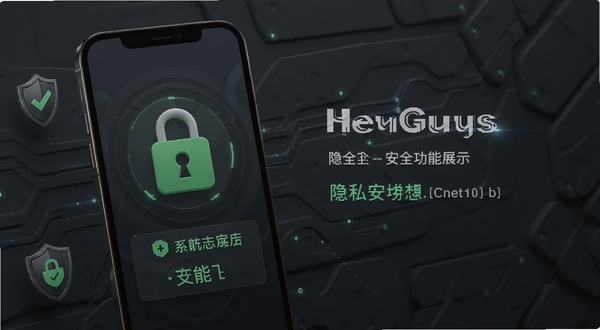 HeyGuys 隐私安全功能展示图,画面主体为手机屏幕上的安全锁图标与加密提示,背景为深灰色科技感区域,细节包括盾牌元素和绿色安全标识,风格稳重可靠