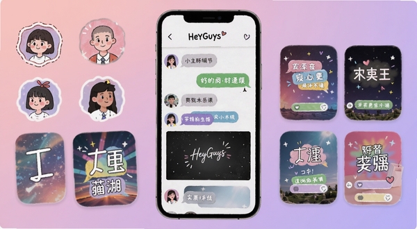 HeyGuys 个性化主题装扮界面,画面主体为手机屏幕展示多种聊天气泡与背景选项,背景为柔和粉紫渐变区域,细节包括卡通头像框和色彩丰富的主题卡片,风格活泼年轻