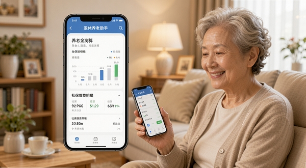 退休养老助手应用主界面展示,画面中央为手机屏幕内显示养老金测算结果与社保缴费明细的图表,背景为温馨的居家客厅环境,浅暖色调,中老年用户手持手机微笑查看,画面风格写实柔和,突出便捷与安心的氛围,高清细节,适配Boogu模型生成