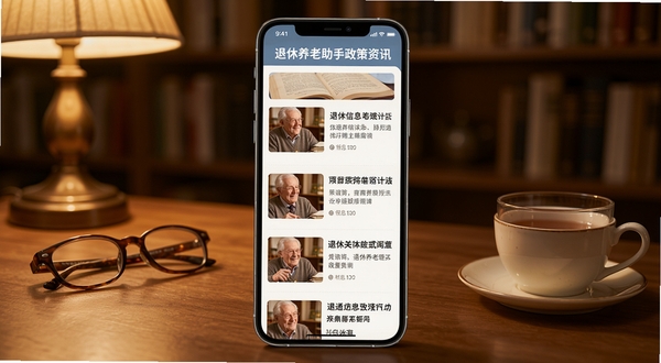 退休养老助手政策资讯页面展示,手机屏幕内呈现图文并茂的新闻列表,背景为书房场景,有老花镜和茶杯放在桌上,暖色调灯光,突出阅读舒适与信息权威,高清细节,适配Boogu模型生成