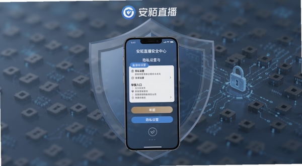 安陌直播安全中心界面,画面中心为手机屏幕显示隐私设置与举报入口,背景区域为盾牌轮廓与数据加密纹理,色调以蓝灰为主,突出安全防护与隐私管理主题,安陌直播品牌标识位于页面顶部,整体风格稳重可靠,适配Boogu模型生成