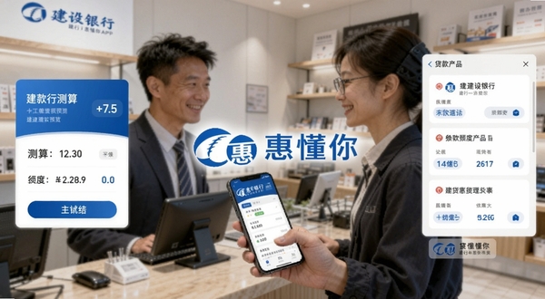 建行惠懂你APP官方主界面全貌展示,画面中央悬浮建设银行蓝色Logo与惠懂你品牌标识,背景为小微企业主在店铺内使用手机查看贷款额度的真实场景,左侧区域展示额度测算卡片,右侧区域呈现贷款产品列表,整体色调以建行蓝与纯白为主,光影柔和,适配Boogu模型生成,alt=建行惠懂你预览图
