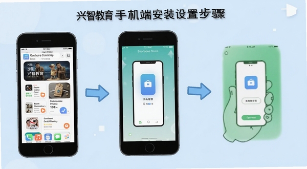 兴智教育手机端安装设置步骤示意图,画面中展示手机屏幕从应用商店搜索到安装完成的流程,简洁图标配合箭头指引,浅蓝色背景,清晰易读