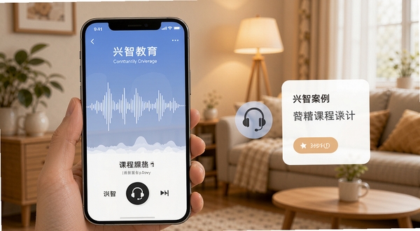 兴智教育音频课程播放界面,手机屏幕显示音频波形与课程标题,旁边有耳机图标和案例文字卡片,温馨居家背景,柔和光线,现代扁平化设计风格