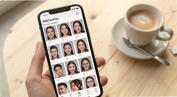 秀脸FacePlay海量模板库界面,画面主体为手机屏幕中排列整齐的换脸模板缩略图,背景区域为浅色木质桌面与一杯咖啡,整体氛围轻松休闲,突出模板丰富与每日更新特点