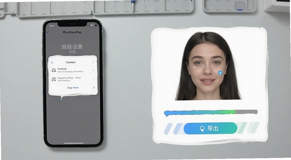 秀脸FacePlay操作教程示意图,画面左侧为手机屏幕展示权限设置界面,右侧为换脸合成进度条与导出按钮,背景区域为简洁的浅灰色工作台,突出步骤清晰与新手友好