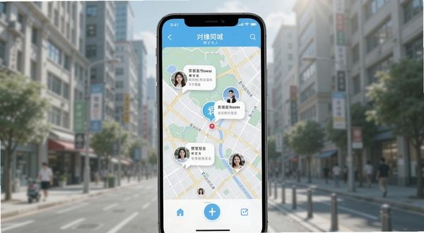对缘同城 附近的人功能界面 手机屏幕显示地图与用户头像气泡 背景为城市街区 明亮清新风格