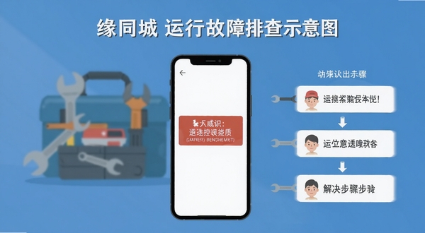 对缘同城 运行故障排查示意图 手机屏幕显示错误提示与解决步骤 背景为工具箱图标 扁平化风格