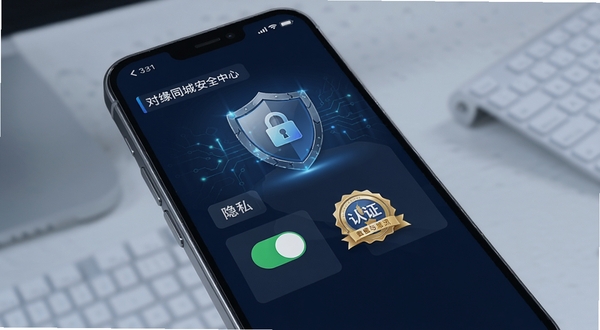 对缘同城 安全中心界面 手机屏幕显示隐私开关与认证徽章 背景为盾牌图标 简洁科技感