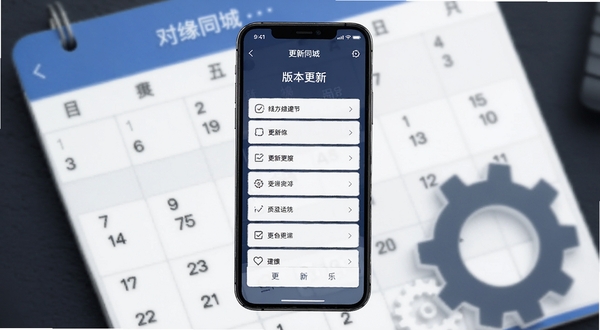 对缘同城 版本更新界面 手机屏幕显示更新日志列表 背景为日历与齿轮 简洁商务风