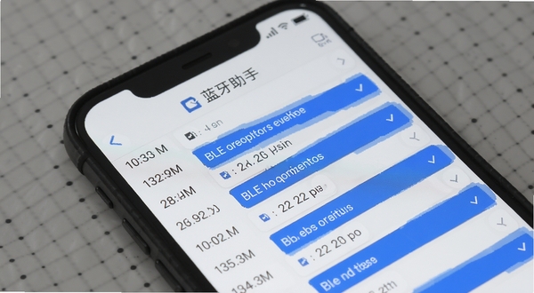 BLE蓝牙助手数据日志界面,手机屏幕显示带时间戳的操作记录列表,背景为素雅白色界面,点缀蓝色高亮条目,整体风格干净利落