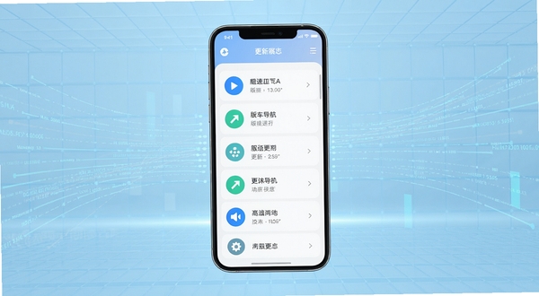 高速手机导航更新日志展示页面设计图,画面中央为手机屏幕显示版本更新列表与功能图标,背景为淡蓝色科技网格与数据流线条,突出软件持续迭代与功能完善的视觉感受