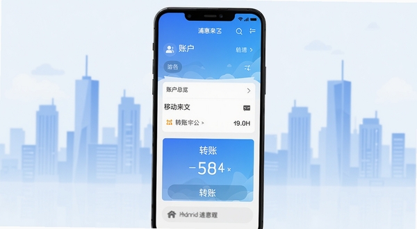 浦惠来了 安卓手机 移动金融理财 应用界面预览 主色调蓝白渐变 手机屏幕展示账户总览与转账入口 背景为简洁城市天际线 高清扁平化风格