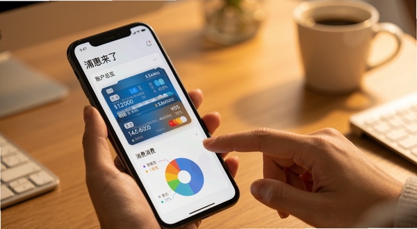 浦惠来了 账户总览界面 手机屏幕显示多张银行卡余额与消费饼图 人物手指轻触屏幕 背景为柔和暖光桌面 写实风格