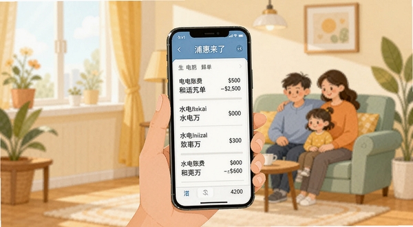 浦惠来了 生活缴费页面 手机屏幕显示水电网费账单列表 家庭场景背景 温馨明亮色调 扁平插画风格