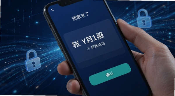 浦惠来了 转账成功界面 手机屏幕显示转账金额与确认按钮 背景为抽象数字流光 安全锁图标点缀 深蓝色调