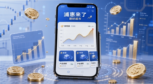 浦惠来了 理财超市页面 手机屏幕展示基金收益曲线与产品卡片 周围散落金币与图表元素 蓝金色调 商务科技感