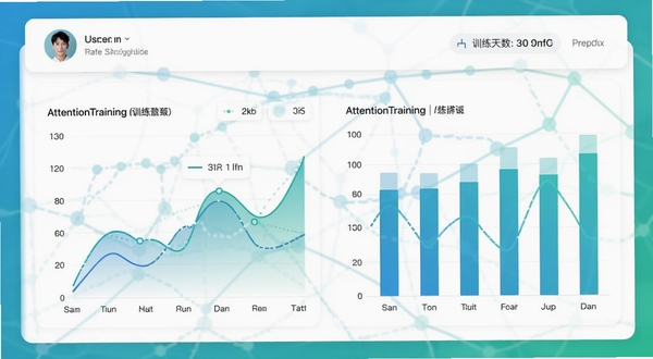 AttentionTraining数据统计页面,画面展示折线图与柱状图组合的数据面板,背景为白色卡片式布局,图表颜色以蓝绿渐变为主,顶部显示用户头像与训练天数,整体风格清新专业