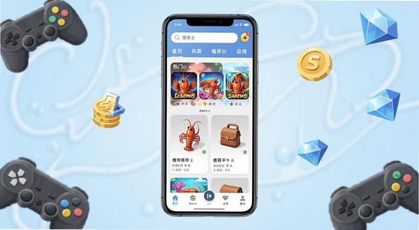 龙虾游戏交易平台应用主界面截图,画面中央展示手机屏幕,屏幕内呈现游戏交易平台的首页布局,顶部有搜索栏和分类标签,中部有热门游戏图标和推荐商品卡片,底部有导航菜单栏。背景为柔和的浅蓝色渐变,周围点缀一些游戏手柄、金币和钻石的卡通图标,整体风格清新明快,适合展示移动端应用界面。