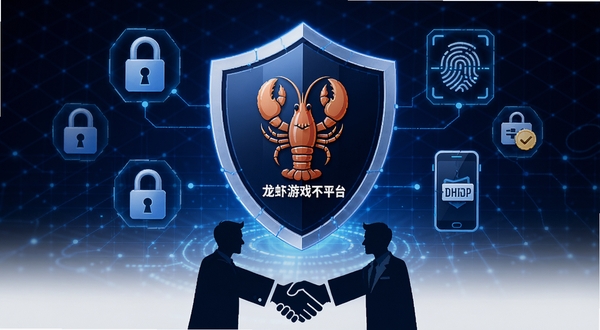 龙虾游戏交易平台安全交易流程图,画面以盾牌为中心,盾牌上印有龙虾游戏交易平台的标志,盾牌周围环绕着锁头、指纹识别、手机验证码等安全图标,背景为深蓝色科技网格,画面下方有买卖双方握手成交的剪影,整体传达安全可靠的视觉感受。