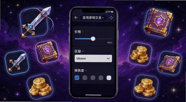 龙虾游戏交易平台智能筛选功能展示图,画面展示一部智能手机,屏幕上显示筛选条件面板,包含价格滑块、区服下拉菜单和稀有度勾选项。手机周围漂浮着各种游戏道具图标,如宝剑、魔法书、金币堆,背景为深紫色星空,突出科技感与游戏氛围,画面整体明亮清晰。
