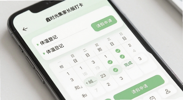 鑫时光集家长版健康打卡页面,手机屏幕显示体温登记表单与日历打卡标记,有绿色对勾图标表示已完成,旁边有请假申请按钮,背景为干净的白色与淡绿色块,整体给人安心可靠的感觉