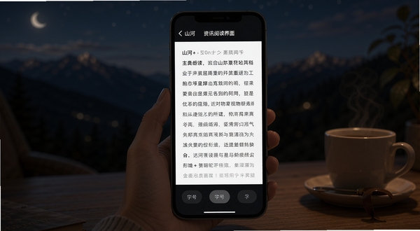 山河+ 资讯阅读界面示意图,手机屏幕显示一篇文章页面,顶部有返回按钮与标题,正文区域文字排版清晰,底部有字号调节按钮,背景为深色夜间模式,整体氛围安静舒适