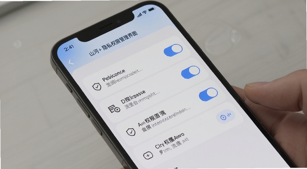 山河+ 隐私权限管理界面图,手机屏幕显示权限列表,每项权限带有开关按钮与说明文字,界面采用浅灰色背景与蓝色强调色,整体传达安全可控的视觉感受