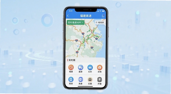 福建高速APP官方主界面展示图,画面中心为手机屏幕显示福建高速应用首页,上方蓝色导航栏标注福建高速字样,中部展示实时路况地图与功能图标,背景为淡蓝色渐变科技感底纹,整体风格简洁明亮,适配Boogu模型生成