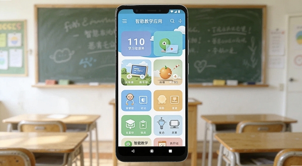 画面中央是一部竖屏安卓手机,屏幕内展示智慧教学应用首页界面,背景为教室黑板与课桌虚化场景,整体色调明亮清新,突出移动学习氛围