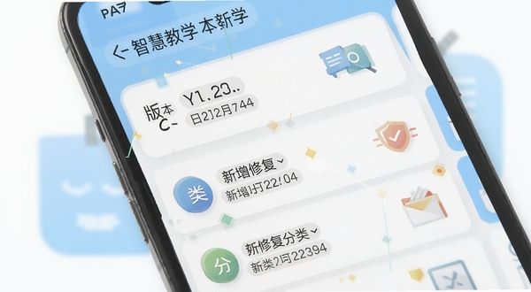 智慧教学版本更新界面截图,画面展示手机屏幕内更新日志列表,带有版本号、日期标签和新增修复分类图标,背景为简洁的白色与浅蓝色块,突出智慧教学迭代记录