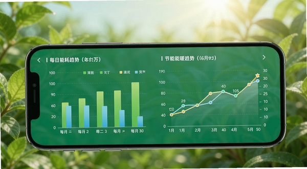 远程采暖app能耗统计页面,手机屏幕显示柱状图与折线图展示每日能耗趋势,背景为节能环保主题的绿色植物与阳光,画面明亮清新,突出数据可视化与节能管理理念