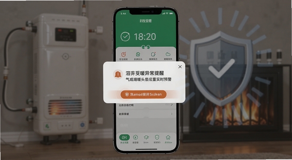 远程采暖app报警通知界面,手机屏幕弹出异常提醒弹窗,背景为家庭供暖设备与安全盾牌图标,画面色调稳重,突出安全防护与实时预警功能