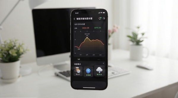 远程采暖app定时场景设置界面,手机屏幕展示一周温度曲线图与场景模式图标,背景为简约居家办公桌面,柔和自然光,画面风格清新,突出智能日程管理功能