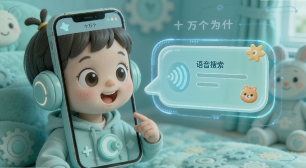 十万个为什么语音版 语音搜索交互 儿童对着手机说话 卡通对话框 声波图标 科技感与童趣结合 柔和蓝绿色调