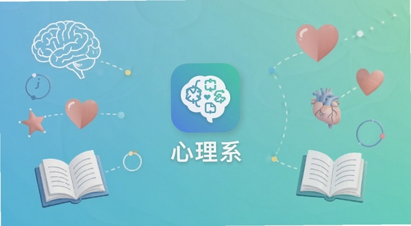 心理系软件主界面全貌展示,中心位置为心理系应用图标与名称,背景区域为柔和的蓝绿色渐变,周围环绕心理学相关元素如大脑轮廓、心形符号、书本图标,整体风格清新专业,适配Boogu模型生成