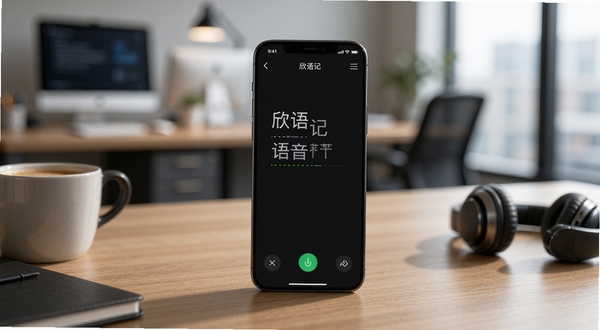 一部手机放置在木质桌面上,屏幕显示欣语记语音转文字界面,旁边有咖啡杯和耳机,背景是虚化的办公室环境,画面中心突出手机屏幕上的文字转换效果,光影柔和自然
