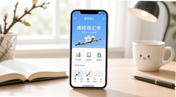 南枝视汇学堂软件主界面全貌展示,画面中央为手机屏幕呈现软件首页布局,背景区域为柔和的书桌场景,整体色调清新明亮,突出学习工具的专业感与亲和力