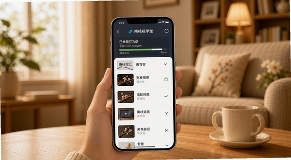南枝视汇学堂离线缓存功能示意图,画面展示手机屏幕中下载进度条与已缓存内容列表,背景为温馨的室内环境,突出离线学习的实用场景