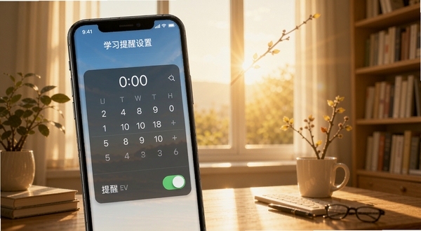 南枝视汇学堂学习提醒设置界面,画面为手机屏幕显示时间选择器与提醒开关,背景为清晨阳光透过窗户的书房场景,整体氛围积极向上