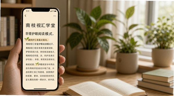 南枝视汇学堂护眼阅读模式展示,画面为手机屏幕呈现柔和米黄色背景与清晰文字排版,背景区域为绿植点缀的安静阅读角落,突出舒适护眼的视觉感受