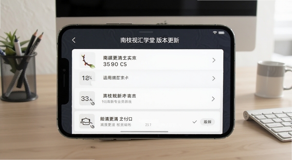 南枝视汇学堂版本更新界面截图,画面为手机屏幕展示更新日志列表与版本号,背景为简洁的办公桌面,突出软件持续优化的专业性