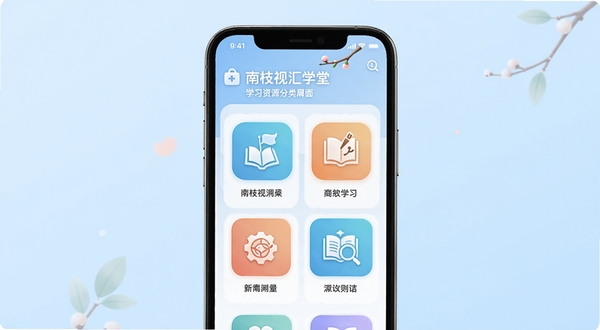 南枝视汇学堂学习资源分类界面展示,画面主体为手机屏幕中清晰排列的多个学习板块图标,背景为浅蓝色渐变,整体风格简约现代,突出分类浏览的便捷性