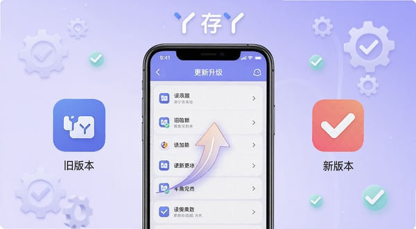 存丫版本更新功能对比图,画面中央为手机屏幕展示更新日志列表,左侧为旧版本图标,右侧为新版本图标,中间用向上箭头连接,背景为淡紫色渐变,点缀齿轮与对勾符号,存丫标识位于顶部,突出迭代升级感