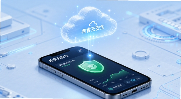 希睿云安全的云端防护功能界面,手机屏幕上方漂浮着一朵发光的云,云朵下方连接着手机,手机屏幕显示绿色盾牌与实时监测数据曲线,背景为浅蓝色科技风格,画面简洁明亮