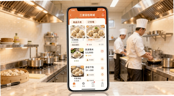 三津汤包商城APP首页界面展示,画面中央为手机屏幕内呈现商品分类与订货列表,背景为明亮整洁的餐饮后厨环境,整体色调温暖专业