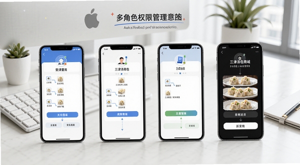 三津汤包商城多角色权限管理示意图,画面展示手机端不同账号登录后的界面差异,背景为简约办公桌面,风格商务清新